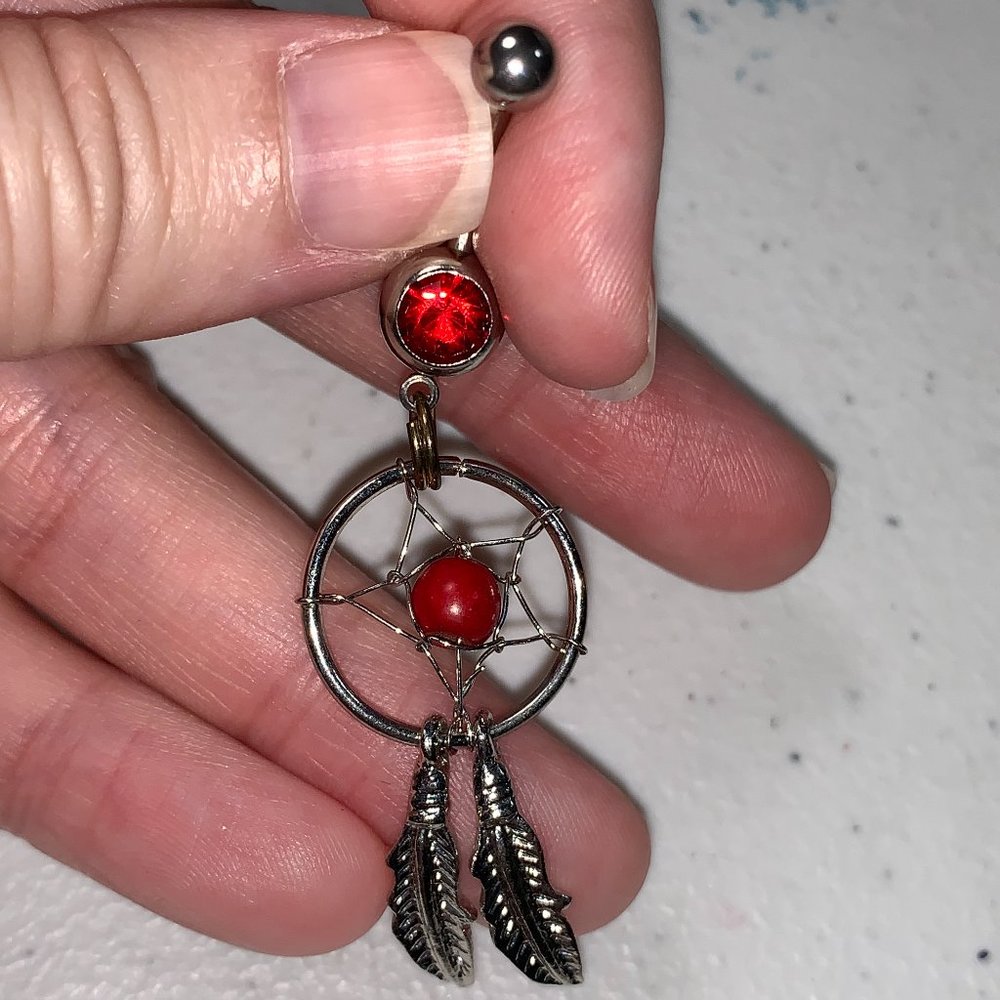 14 Gauge Dream Catcher Belly Ring, Red gem with a red bead and a gold split ring